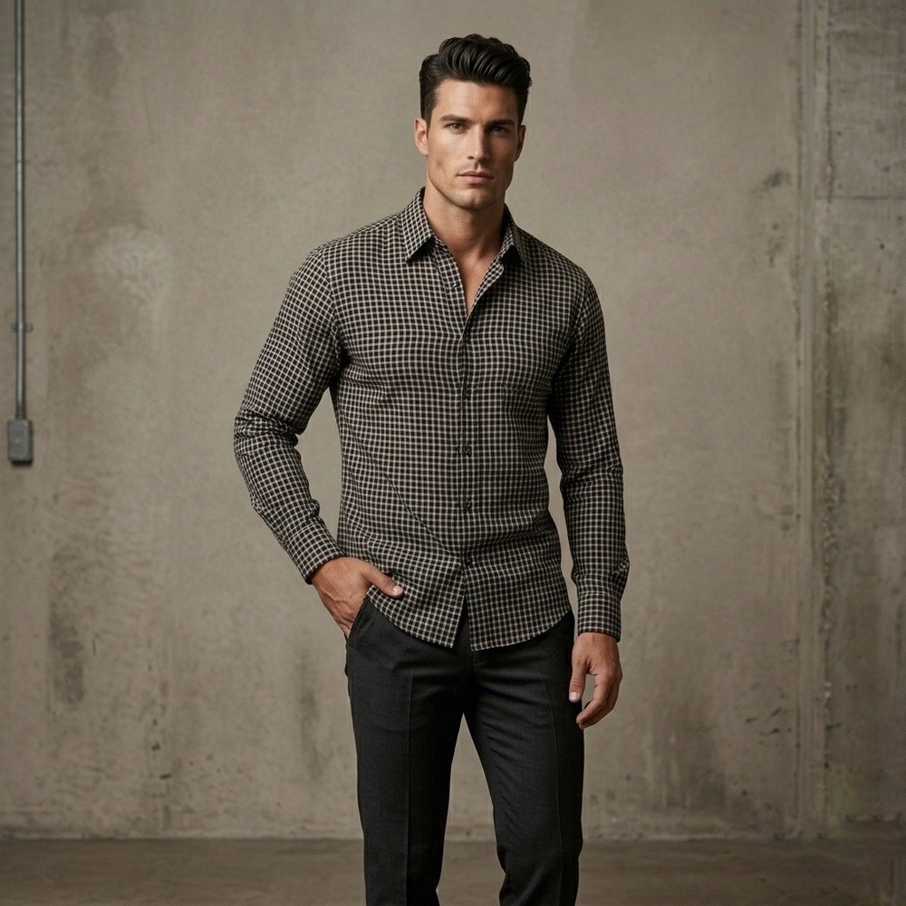 Mondo di Marco Mens Medium 50 Black Tan Check Rayon Button Down Shirt Made Italy
